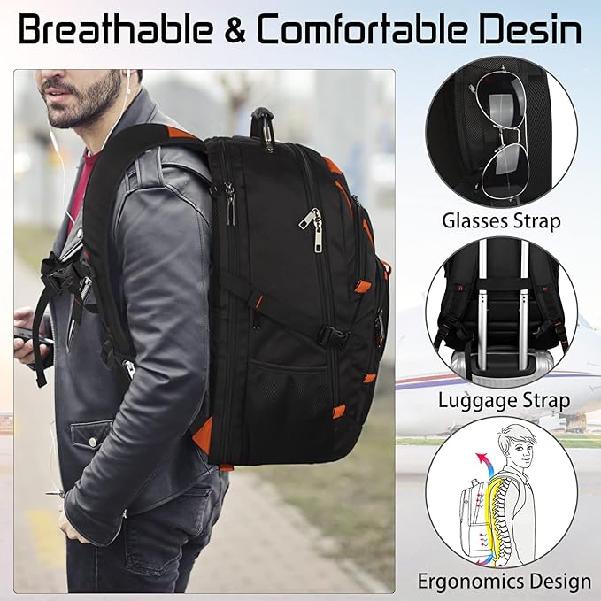 Mogplof 18.4 Laptop Backpack Women Men, 55L-60L Flight Approved Extra Large Travel Backpack RFID Anti Theft and TSA Friendly Backpack, Water Resistant College School Heavy Duty, Orange