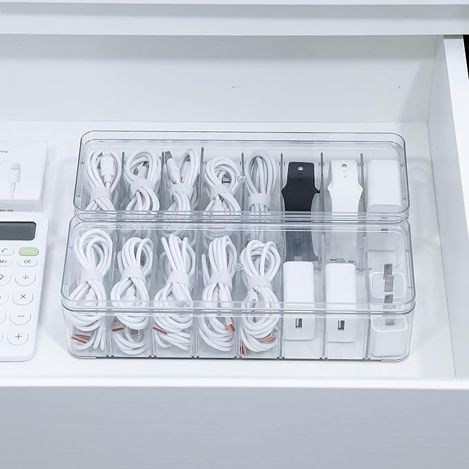 Cord Storage Organizer for Desk Drawer, Plastic Adjustable Cable Organizer Box with Lid and Wire Ties, Clear Phone Charger Case for Home Office