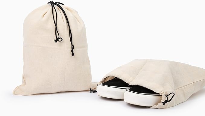 Muslin Cotton Storage Bags with Drawstring - Toy & Shoe Storage for Travel - Dust-proof, Lint-free (3 Small: 15"x12")