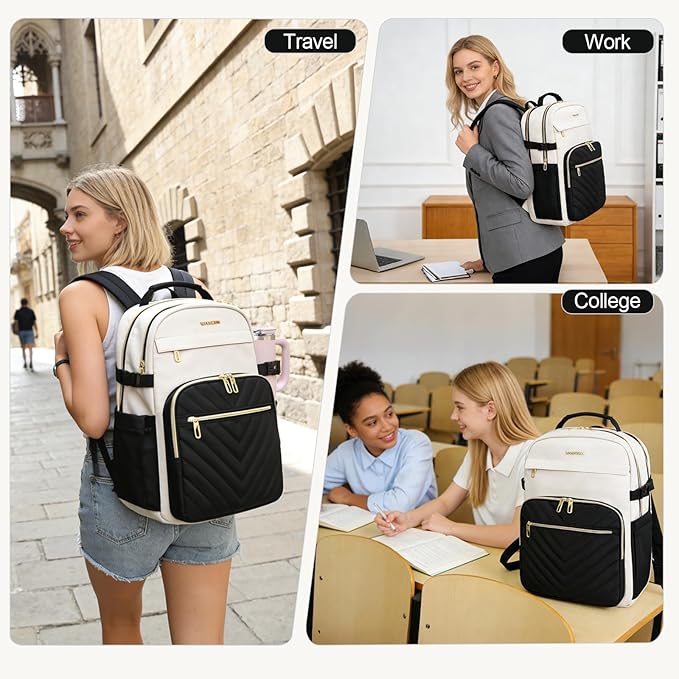 VANKEAN Laptop Backpack for Women with Giant Tumbler Holder Pocket,17.3 inch School College Book Bag Nurse Teacher Backpack,Waterproof Work Travel Backpack Purse Laptop Computer Bag, Bags Beige-Black