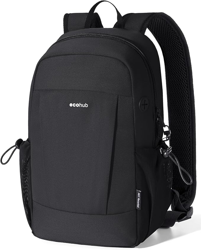 ECOHUB Mini Anti-Theft RFID Backpack for Women and Men, Water-Resistant, Lightweight Travel Daypack with iPad Sleeve, Key Holder, 9 Pockets, Daily Short Trips, Black