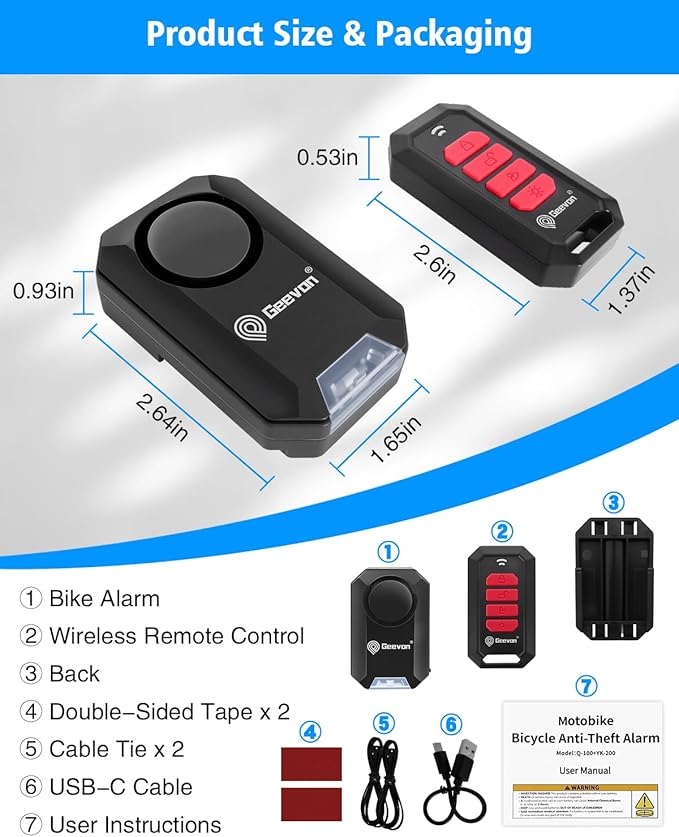 Geevon Loud 135dB Bike Alarms for Ebikes, Wireless Bike Alarm with Remote, Anti-Theft Bicycle Motorcycle Alarm Wireless Security Sensor Alarms, IPX5 Waterproof