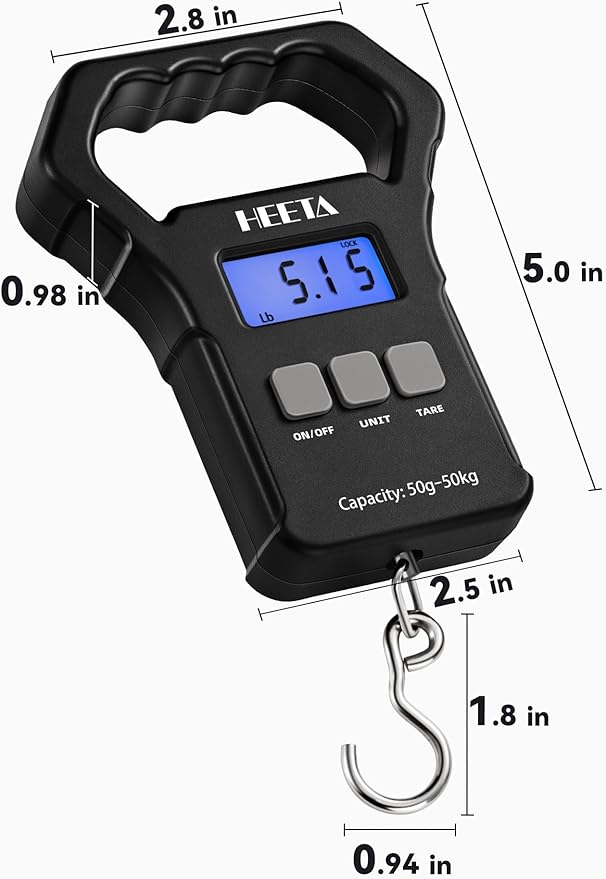 HEETA Fish Scale, 110lb/50kg Digital Portable Hanging Fishing Weight Scale with Backlit LCD Display, Luggage Scale with Hook, Non-Slip Large ABS Handle & 2 AAA Batteries, Fishing Gifts Gear for Men