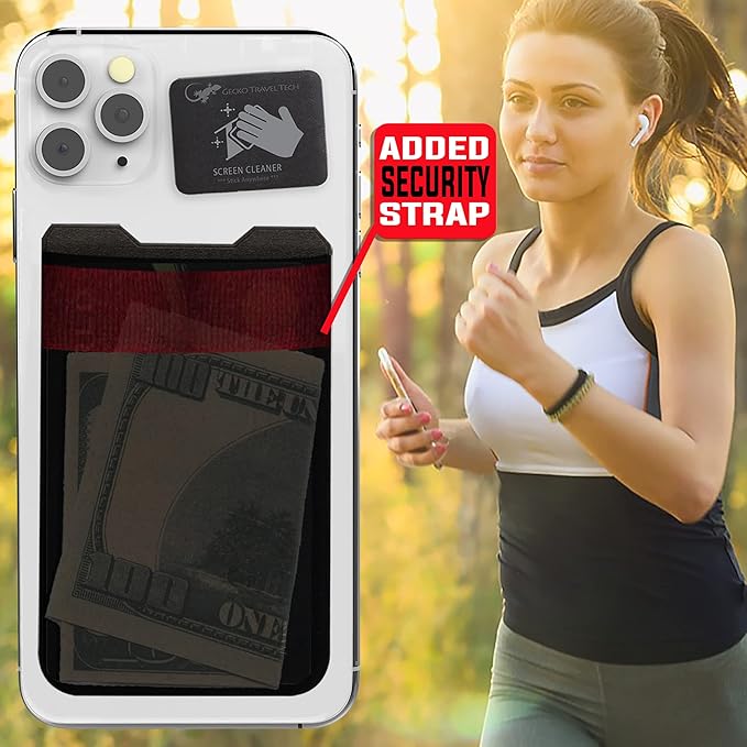 Phone Wallet - Adhesive Card Holder - Cell Phone Pouch - Stick on Lycra Pocket by Gecko - Carry Credit Cards and Cash