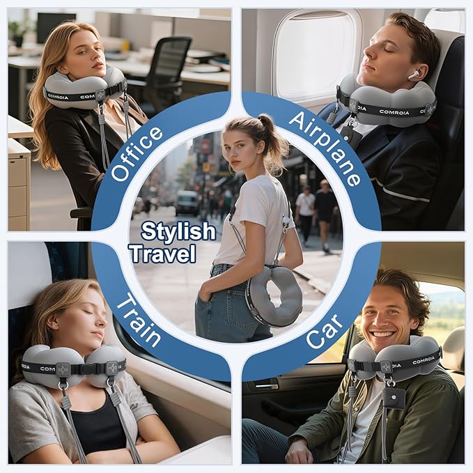 Travel Neck Pillow for Airplane Sleeping – 360° Head Support Prevents Bobbing, 100% Memory Foam Ergonomic Neck Cushion with No-Case-Needed Carry Strap for Long Flights & Car – Washable Cover (Grey)