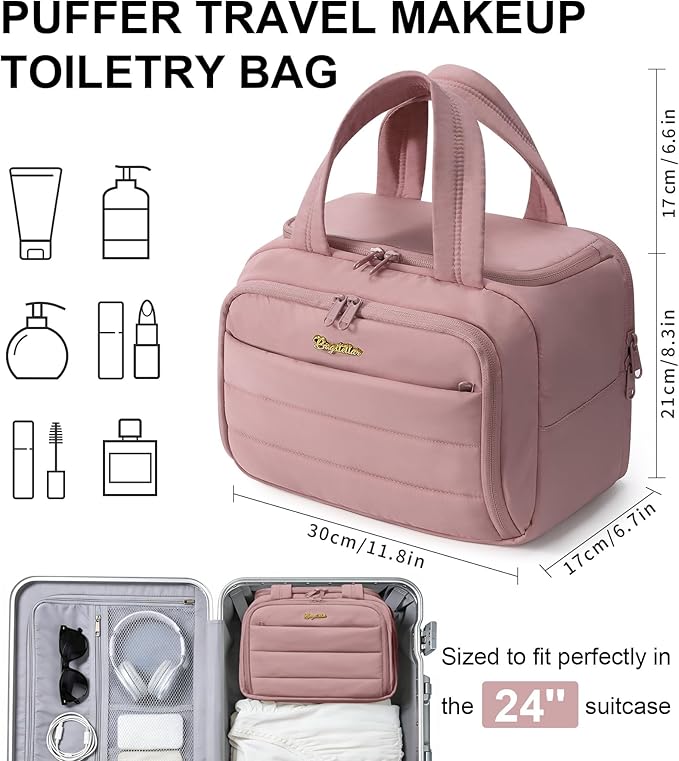 Bagstellar Travel Toiletry Bag for Women, Lightweight Large Quilted Puffy Makeup Bag Wide-open Make up Organizer Cloud Cosmetic Bag w/Handle for Traveling, Toiletries Essentials Accessories Dark Pink