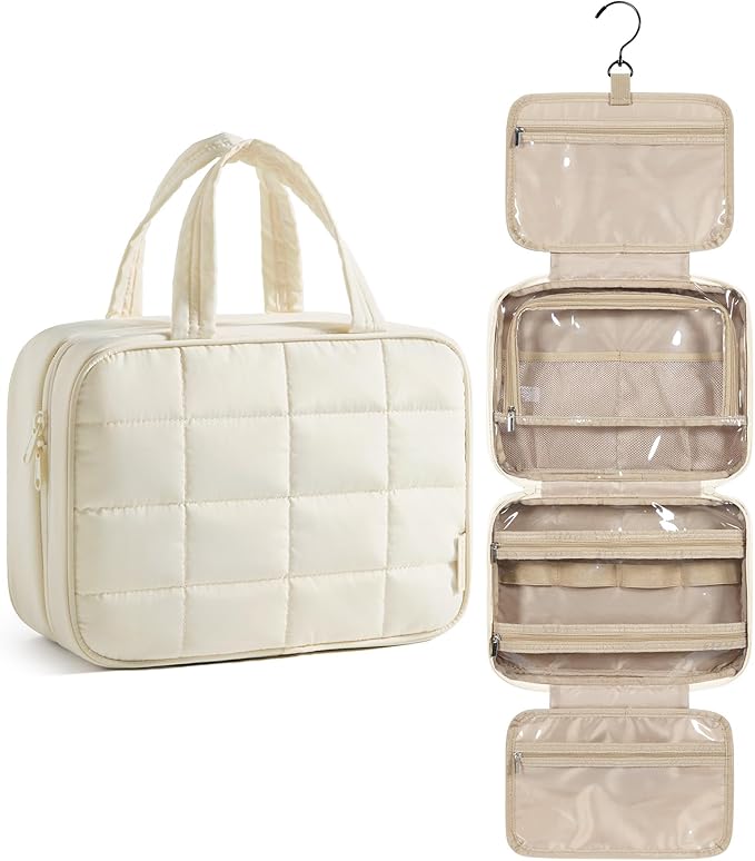 BAGSMART Travel Toiletry Bag for Womne, Hanging Travel Bag for Toiletries, Puffy Makeup Cosmetic Bag Organizer, Carry-on Travel Accessories Essentials, Beige