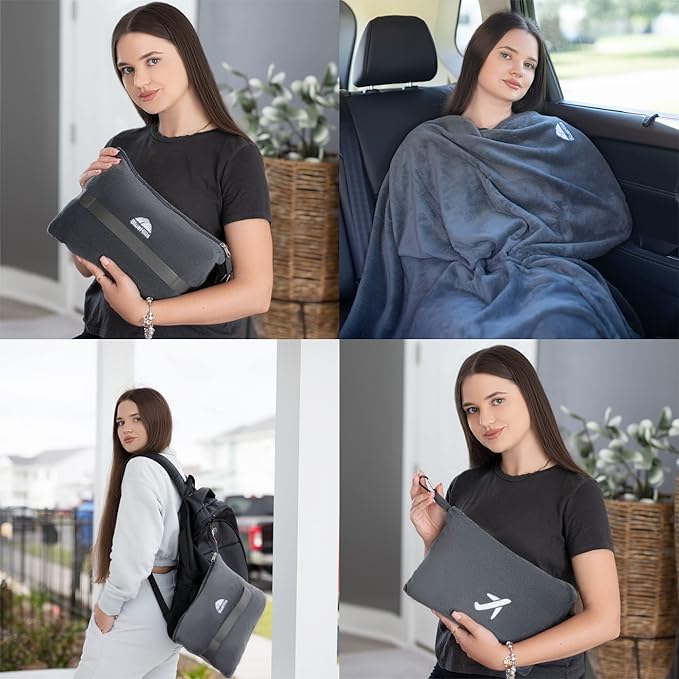 BlueHills Soft 2 Pack Travel Blankets Mini Set of 2 - Premium Airplane Travel Essential Flight Blanket Throw in a case with Strap Compact for Car Plane Travel Gift – Gray and Beige.