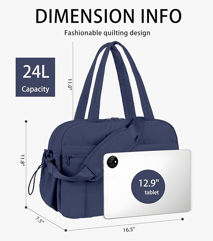 Lightweight Travel Duffle Bag for Women, Quilted Puffy Weekender with Wet Pocket for Gym, Overnight, Personal Item Carry On, Navy Blue