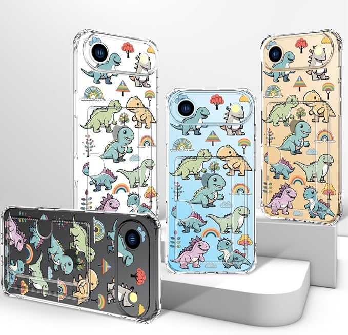 Compatible with iPhone 17 Air Case Card Holder for Women Cute Design,Wallet Phone Cases Transparent Cool Kawaii Protective (Clear Lovely Dinosaurs)