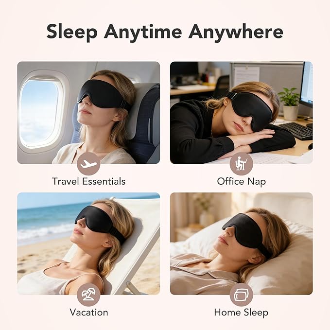 Sleep Mask for Side Sleepers, 3D Deep Contoured Blackout Eye Mask for Sleeping, Zero Pressure Lash-Friendly, Adjustable Light Blocking Travel Mask for Men & Women, Black