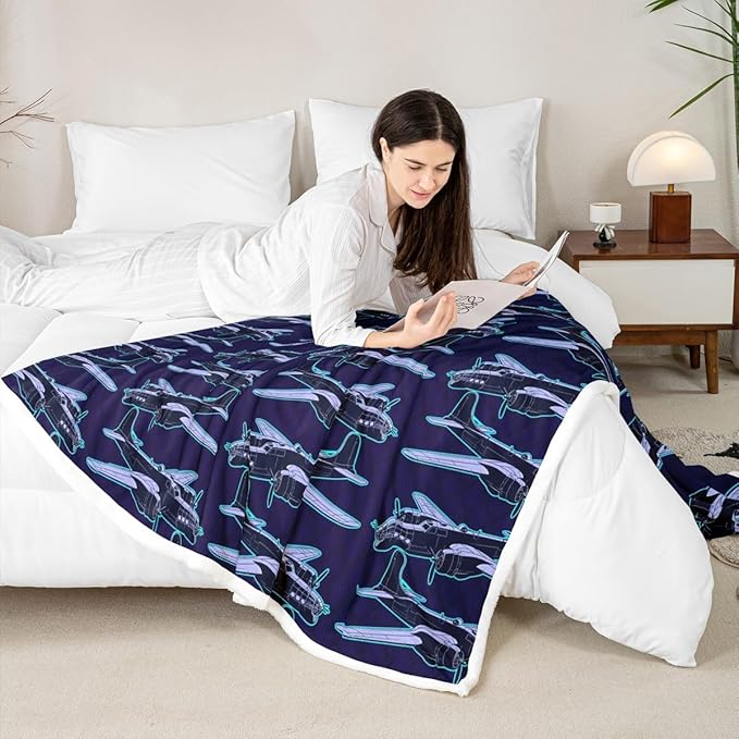 Cartoon Airplane Kids Throw Blanket,American Aircraft Toddler Bed Blanket for Girls Boys Adults,Hand-Painted Air Plane Fleece Blanket,Dark Blue Chic Fuzzy Blanket,40 x 50 Inches
