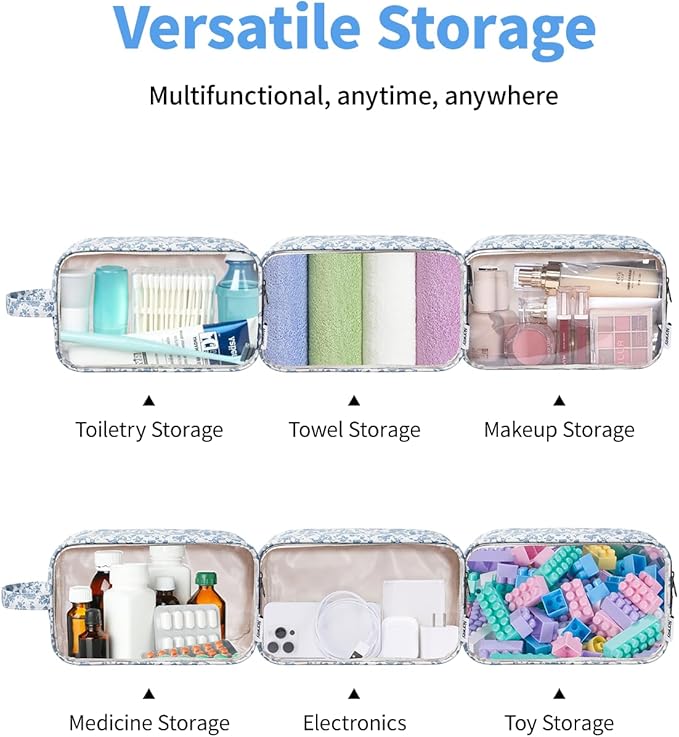 Narwey Clear Toiletry Bags for Traveling Women Men, Clear Travel Bags for Toiletries Makeup Bag Cosmetic Bag with Zipper, Make Up Organizer, Skincare Bag (Blue Flower)