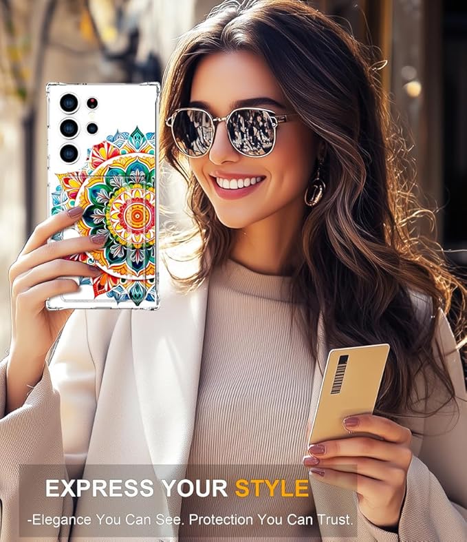 Compatible with Samsung Galaxy S24 Ultra Case Card Holder for Women Cute Design,Wallet Phone Cases Transparent Cool Kawaii Protective (Clear Mandala Henna Flower)