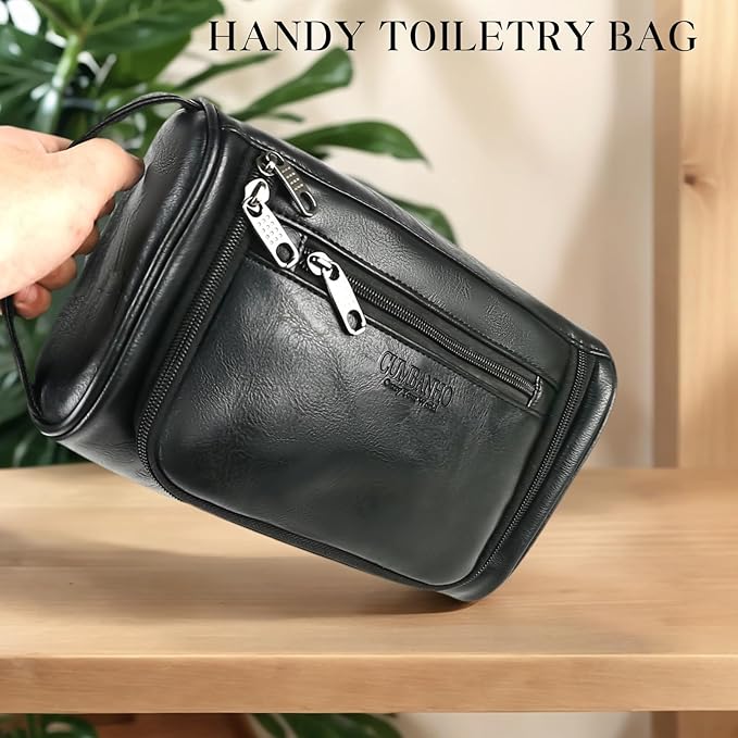 Mens Toiletry Bag,Compact Dopp Kit for Men Travel, PU Leather Shaving Kit, Water-Resistant Minimalist Organizer with Wrist Strap,Travel Toiletry Bag, Gift for Men,Large 10x6.5x4"Classic Black