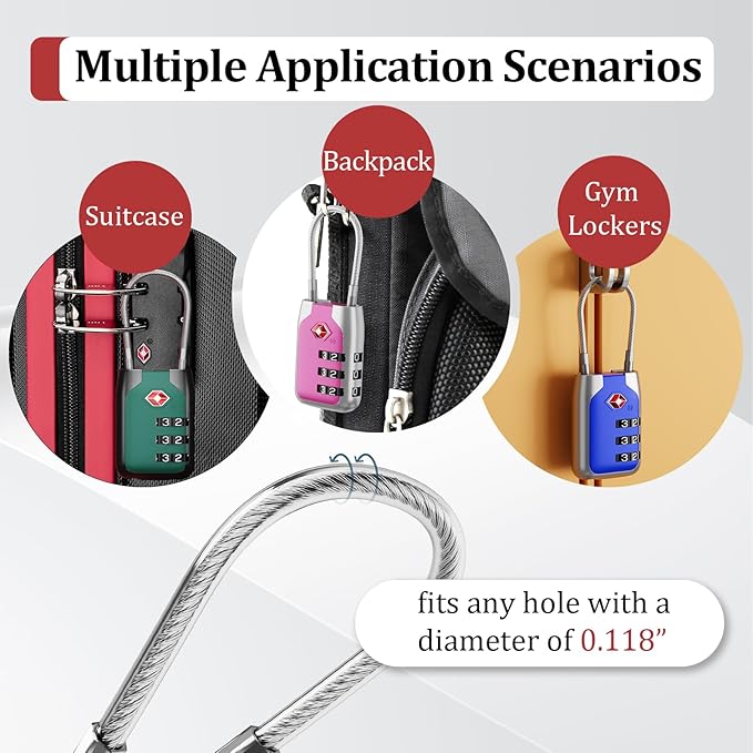 Joyway TSA Approved Luggage Lock, 3 Digit Combination Cable Lock with Alloy Body, Travel Combination Locks for Suitcases, Backpack and Golf Bag (Multicolor, 4Pack)