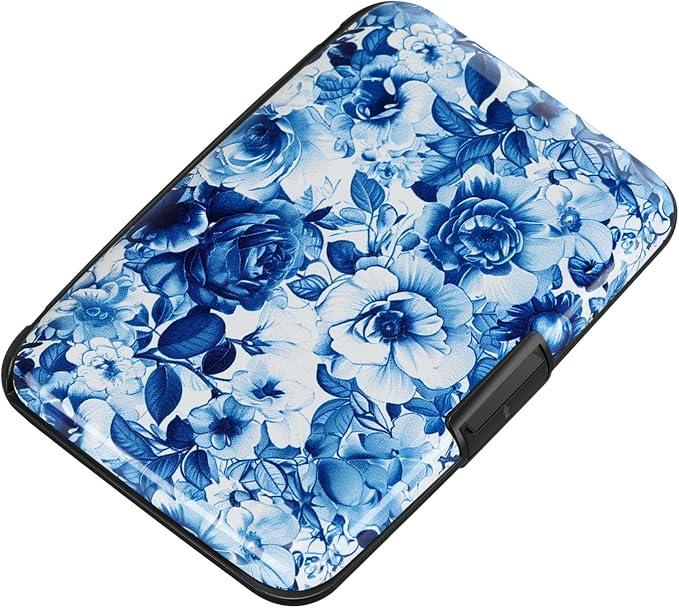 ELFISH RFID Blocking Credit Cards Holder Aluminum Wallet Metal ID Case for Men Women(Blue and White Peony)