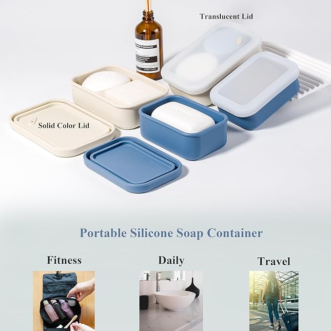 2PC Portable Leakproof Travel Soap Case, Silicone Travel Soap Case, Compact Soap Holder with Drainage Layer, Travel Soap Holder for Camping, Gym, Outdoor milkywhite&darkblue