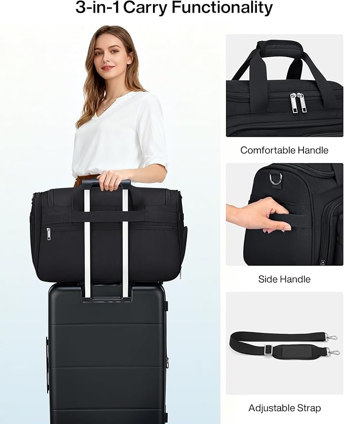 MILADA Carry On Luggage Bags for Travel Lightweight Personal Item Travel Bag Foldable Large Duffle Bag for Travel Tote Overnight Bags for Women Mens Weekender Bags, Black