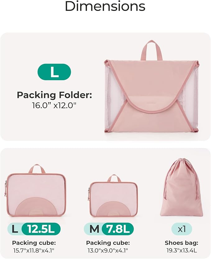 BAGSMART Garment Folder Packing Cubes for Travel, 4 Set Lightweight Travel Cubes for Wrinkle Free, Durable Suitcase Organizers Bag Set for Travel Essentials Baby Pink