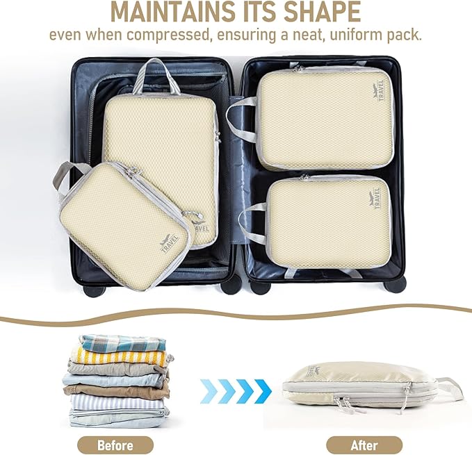 4 Set Compression Packing Cubes, Suitcase Organizer, Lightweight Travel Essentials, Compression Bags For Travel Accessories Luggage Storage Set (4 Pcs, Beige)