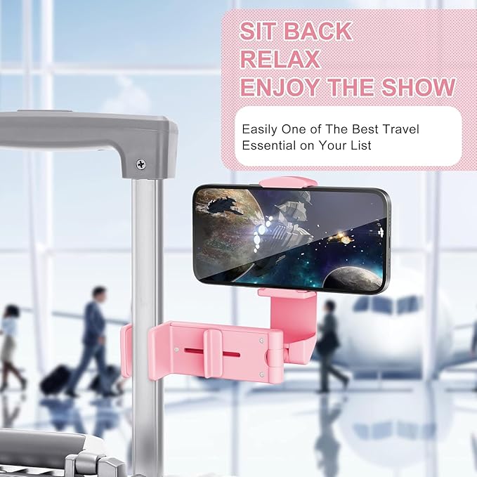 Airplane Travel Essentials Phone Holder, Universal Handsfree Phone Mount for Flying with 360 Degree Rotation, Accessory for Airplane, Travel Must Haves Phone Stand for Desk (Pink)