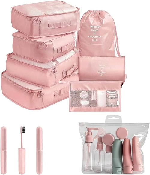 11 Set Packing Cubes for Travel,Gifts for Women Mom,Anti-Tearing Suitcase Organizer for Luggage with Shoe & Hanging Toiletry Bag, Toiletries Travel Bottles, 3 Portable Toothbrush Cases, Pink