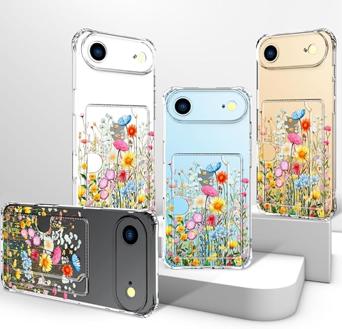 Compatible with iPhone 17 Air Case Card Holder for Women Cute Design,Wallet Phone Cases Transparent Cool Kawaii Protective (Clear Flowers Herbs Wild Plants)
