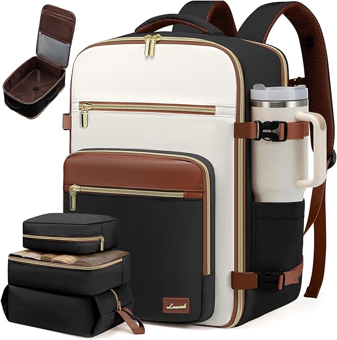 LOVEVOOK Travel Backpack For Women,50L Carry On Backpack Flight Approved,TSA Personal Item Travel Bag Fits 18 Inch Laptop,Business Weekender Overnight Daypack with Toiletry Bag and Cube,White brown