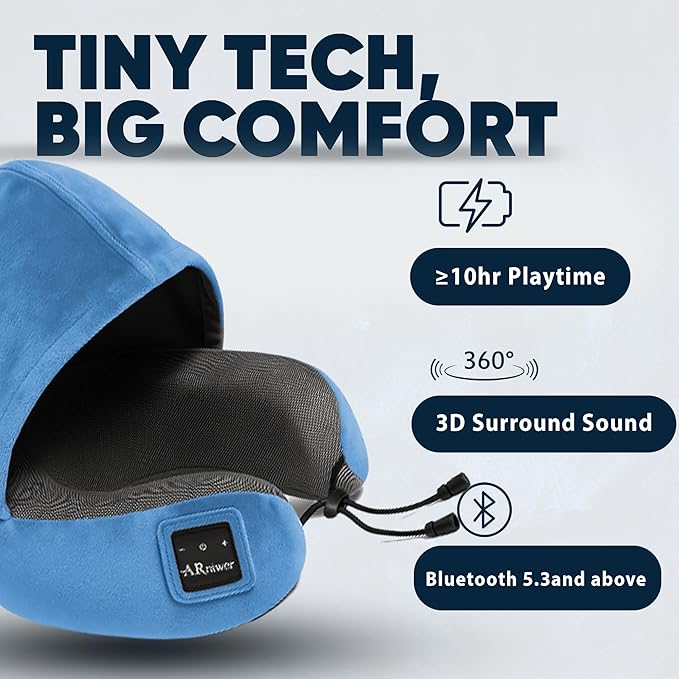Bluetooth Music Semicircular Neck Pillow with Hood Wireless Bluetooth Speaker Suitable Airplane,Car,Office,and Outdoor Camping for Sleeping, Resting The Best Travel Essentials. (Light Blue)