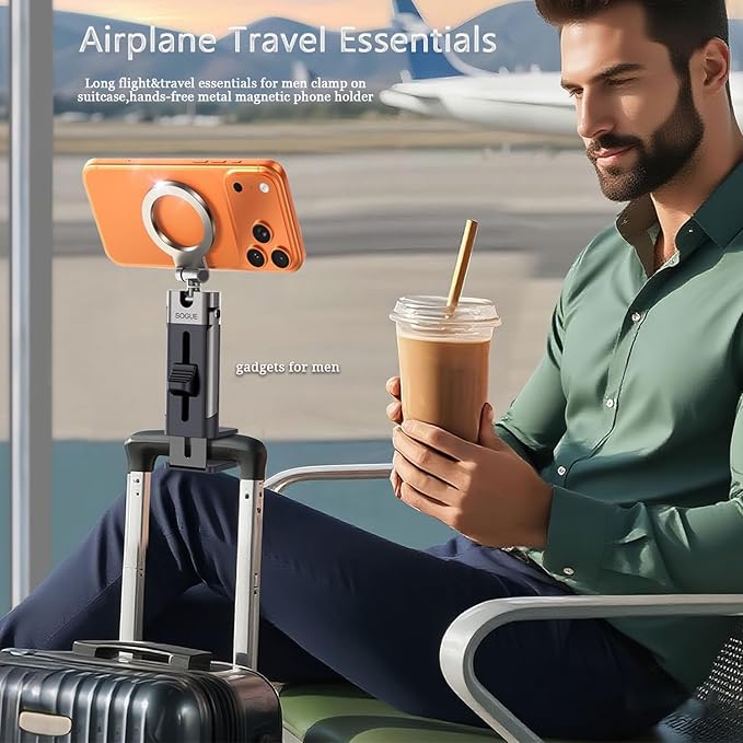 Airplane Travel Essentials Men Phone Holder,Plane Phone Mount for MagSafe,Foldable Magnetic Phone Stand for Desk 360° Swivel Universal in Airplane Gadgets Spring Break Essentials for iPhone 17