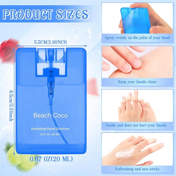 Set of 3 Power Mist Hydrating Hand Sanitizer Spray Bulk Travel Size Refreshing Hand Sanitizer 0.67 Fl. oz Compact Card Spray Bottle Rose Beach Cocoa Lemon Lime Scent for Daily Personal Use Gift