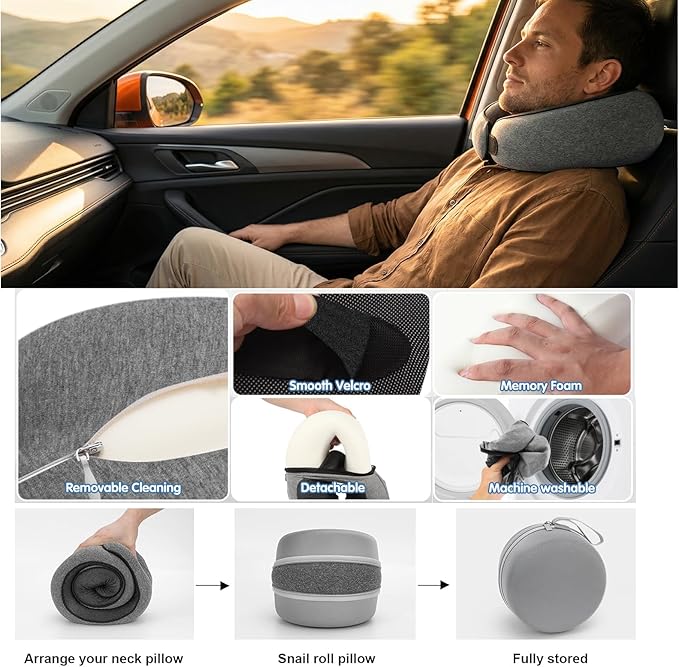 Travel Neck Pillow for Airplane - 100% Memory Foam 360° Ergonomic Support - Adjustable Velcro, Washable Velvet Cover & Compact Storage Case - Flight Essentials for Sleeping(Grey)