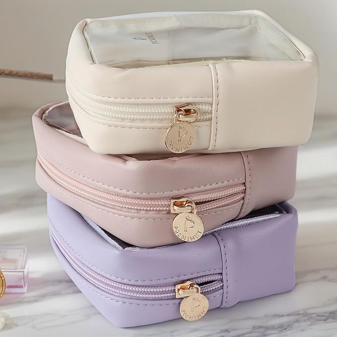 Pocmimut Clear Makeup Bag, Easy to Find Mini Makeup Bag for Purse, Travel Makeup Bag for Car, Compact Cosmetic Pouch for Daily Essentials,Purple