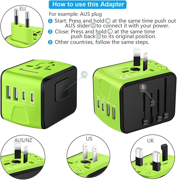 SAUNORCH Travel Adapter Worldwide, Universal International Power Plug Adapter W/2.4A 2xUSB-A and 3.0A 2xType-C Wall Charger, European Travel Plug Adapter for Europe UK EU US CA AU Italy Asia-Green