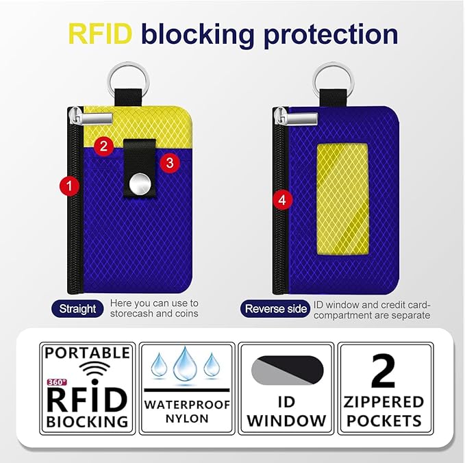 Minimalist RFID Blocking Small Wallet with ID Window,WaterResistant Zip Id Case Wallet with Lanyard Keychain for Cards,Cash,Travel,Women,Men (Sapphire Blue/Lemon Yellow)