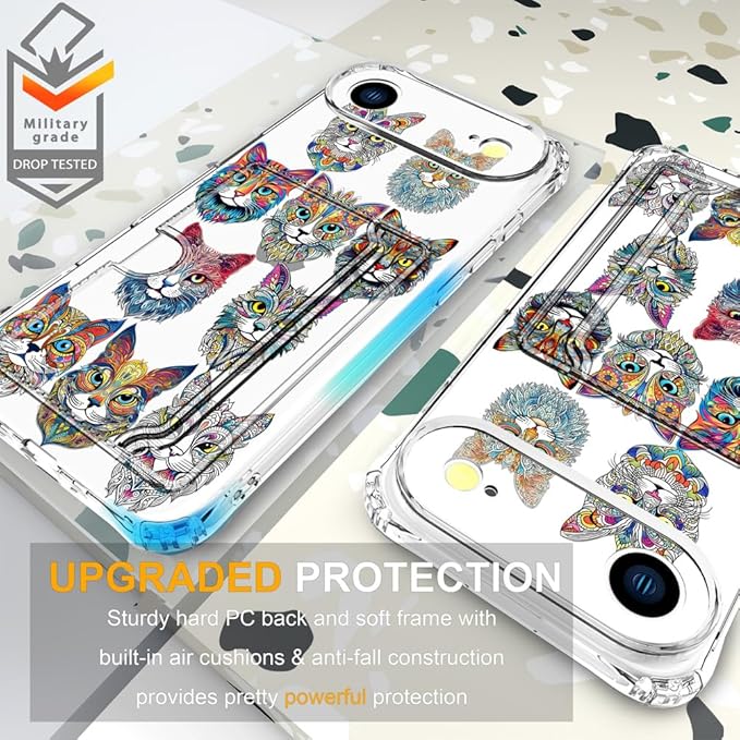 Compatible with iPhone 17 Air Case Card Holder for Women Cute Design,Wallet Phone Cases Transparent Cool Kawaii Protective (Clear Tattoo Cats Animal)
