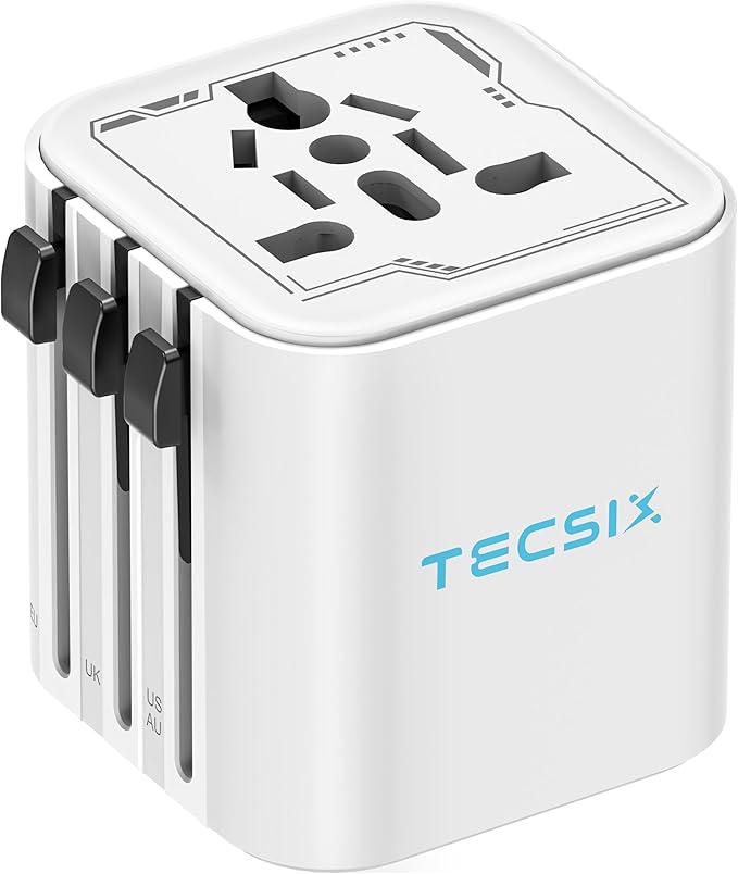 Universal Travel Adapter Worldwide, TECSIX Compact Travel Power Plug Adapter (Type A C G I), 2500W Internetional Wall Charger Outlet Adaptor to Europe, India, UK, US, AUS, Asia 200+ Countries