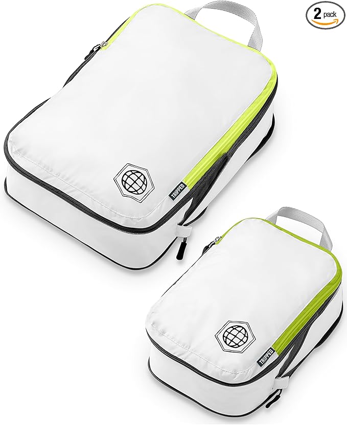 Compression Packing Cubes for Travel, 2-Piece Lightweight Packing Cubes Set for Carry-On Luggage & Backpacks – TRIPPED Travel Gear (White and Green)