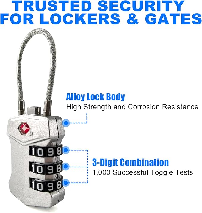 4 Pack TSA Approved Travel Luggage Locks, 3 Digit Combination Cable Padlock, Weatherproof Reset Code Lock with Cut-Resistant Alloy Steel Cable for Suitcases Backpacks Gym Locker Golf Bags - Keyless