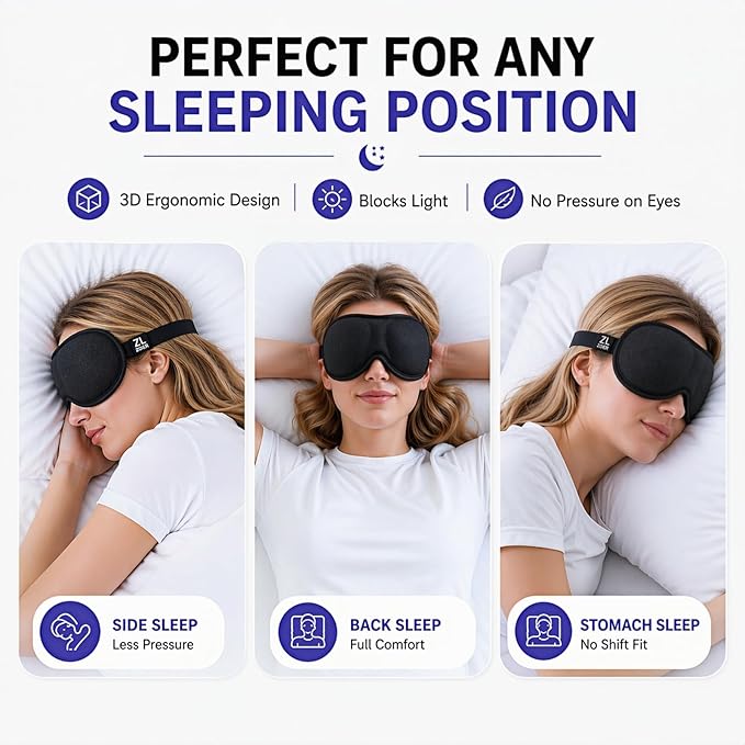 Ultra-Thin 3D Sleep Mask for Side & Back Sleepers, 100% Light Blocking Eye Mask for Sleep, Zero Pressure, Soft & Breathable Night Blindfold for Men & Women, Travel & Plane (Black)