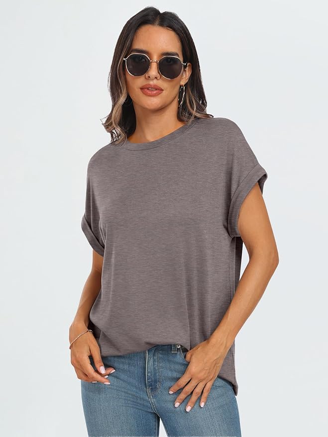 AUTOMET Women's Oversized Short Sleeve T Shirts Casual Drop Shoulder Rolled Cuff Summer Tops for Work, Travel and Lounge
