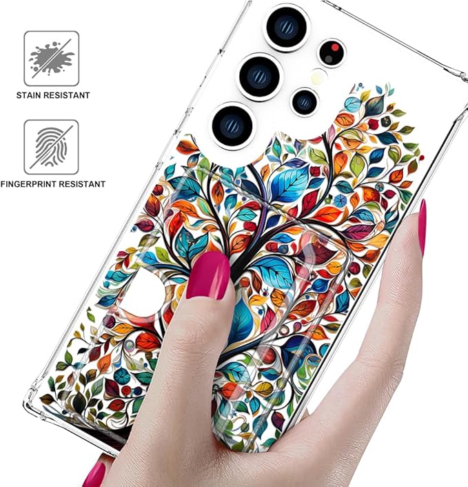 Compatible with Samsung Galaxy S24 Ultra Case Card Holder for Women Cute Design,Wallet Phone Cases Transparent Cool Kawaii Protective (Clear Tree Colorful Leaves)