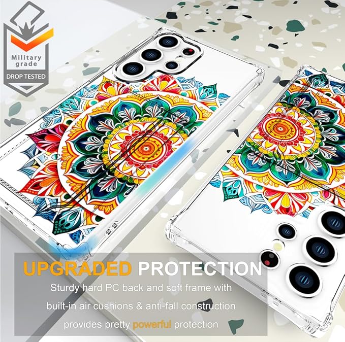 Compatible with Samsung Galaxy S24 Ultra Case Card Holder for Women Cute Design,Wallet Phone Cases Transparent Cool Kawaii Protective (Clear Mandala Henna Flower)