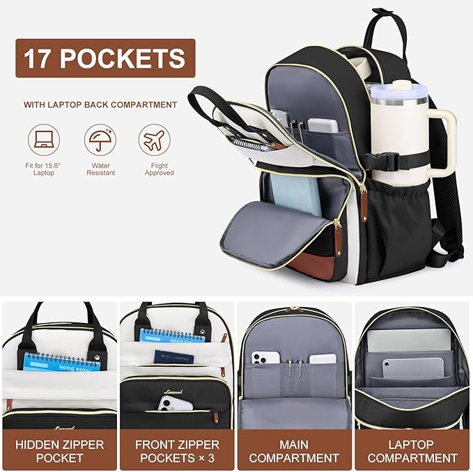 Laptop Backpack for Women Bag: 18 inch Backpacks with Pouch Pocket for Large Capacity Cup Travel Waterproof Bookbag Anti-theft College Casual Work Book Bags for Teacher Nurse Black Beige