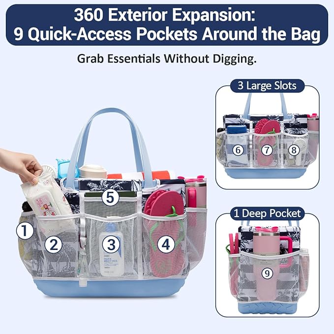Custom Fit Organizer Bag Insert ONLY for Bogg Bag Custom Fit Inner Liner Pouch for Original Large XL Rubber Tote Zippered Organizer with Pockets for Beach Travel Sports Mom (BLUE WHITE STRIPE, LARGE)