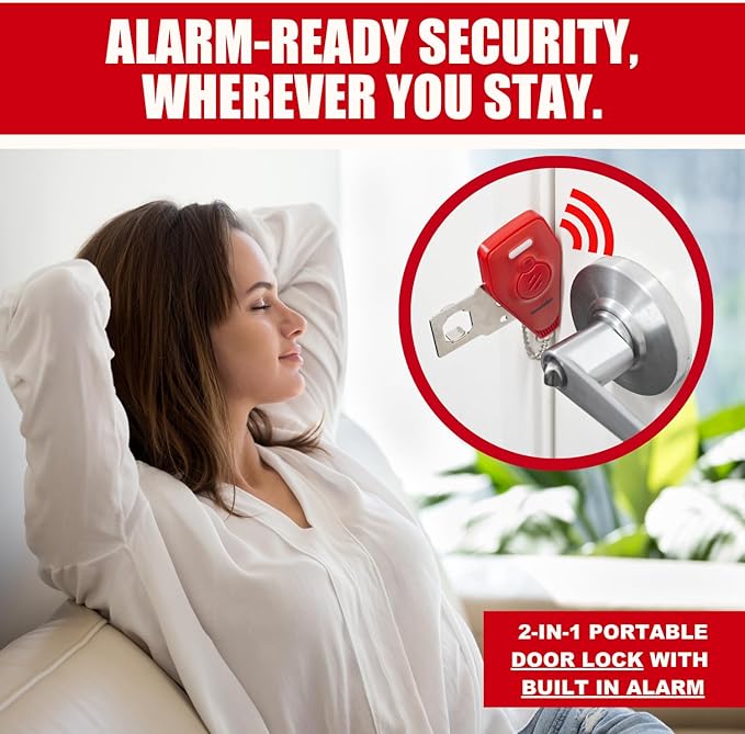 Securityman Portable Door Lock with Alarm | Hotel Door Locks for Travelers Security | Loud 130dB Door Security Device for Hotel Room, Apartment Home, & Travel Safety Inside for Women Children - Red