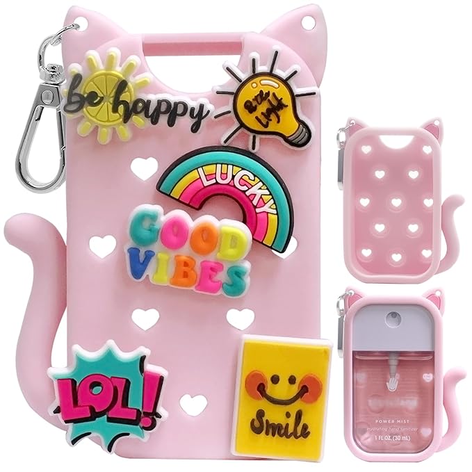Silicone Case Compatible with Touchland Hand Sanitizer Spray 1 FL OZ/30ML,Stylish & Portable Hand Sanitizer Spray Accessory with 6 Charms Decorations & a Keychain (Pink)