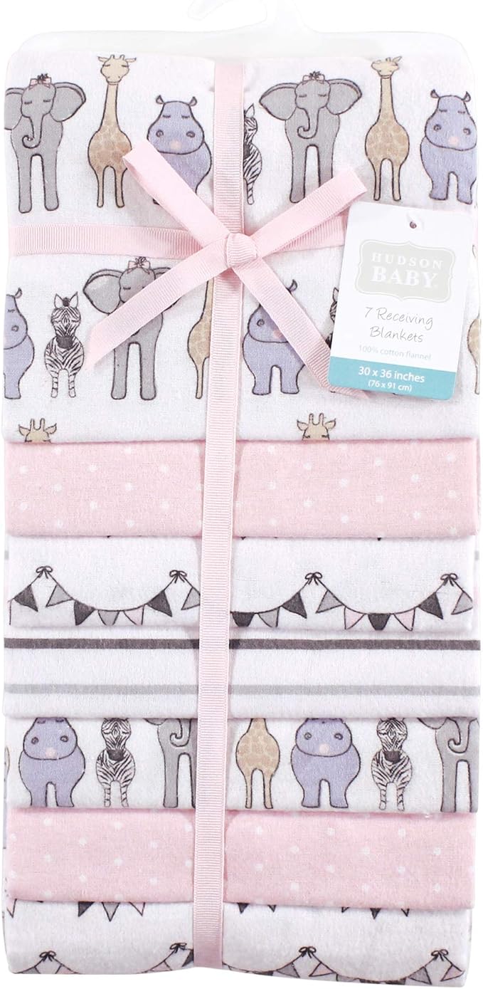 Hudson Baby Unisex Baby Cotton Flannel Receiving Blankets Bundle, Pink Safari, One Size