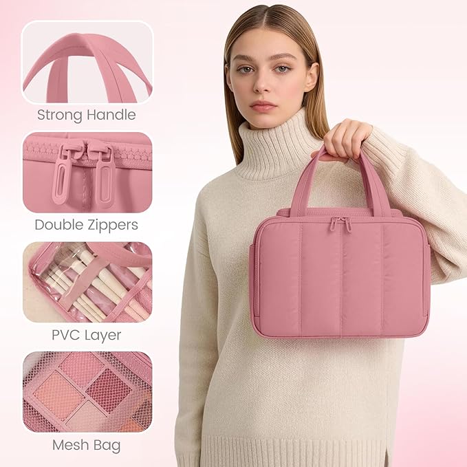Travel Toiletry Bag for Women,Large Makeup Bag Organizer,Puffy Cosmetic Bag with Wet Dry Separation,Waterproof Toiletries Bag with Trolley Sleeve,Dark Pink